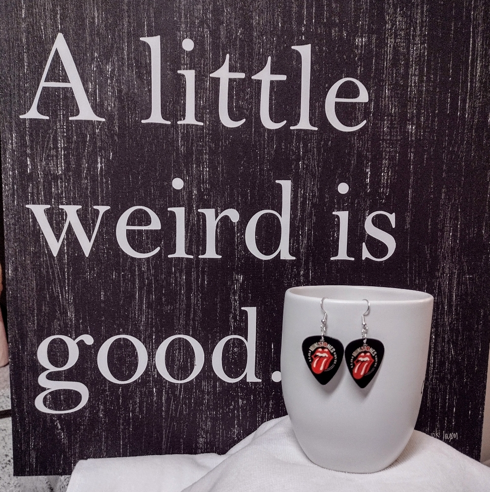 New Rolling Stones Favorite Band Logo Silver Guitar Pick Earrings - Picture 4 of 5